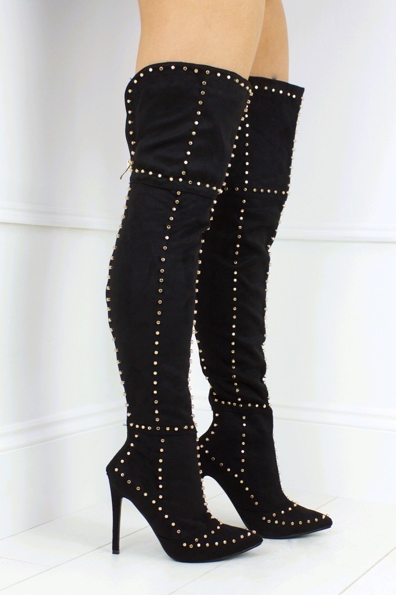 Antonia Black Stud Thigh Boots