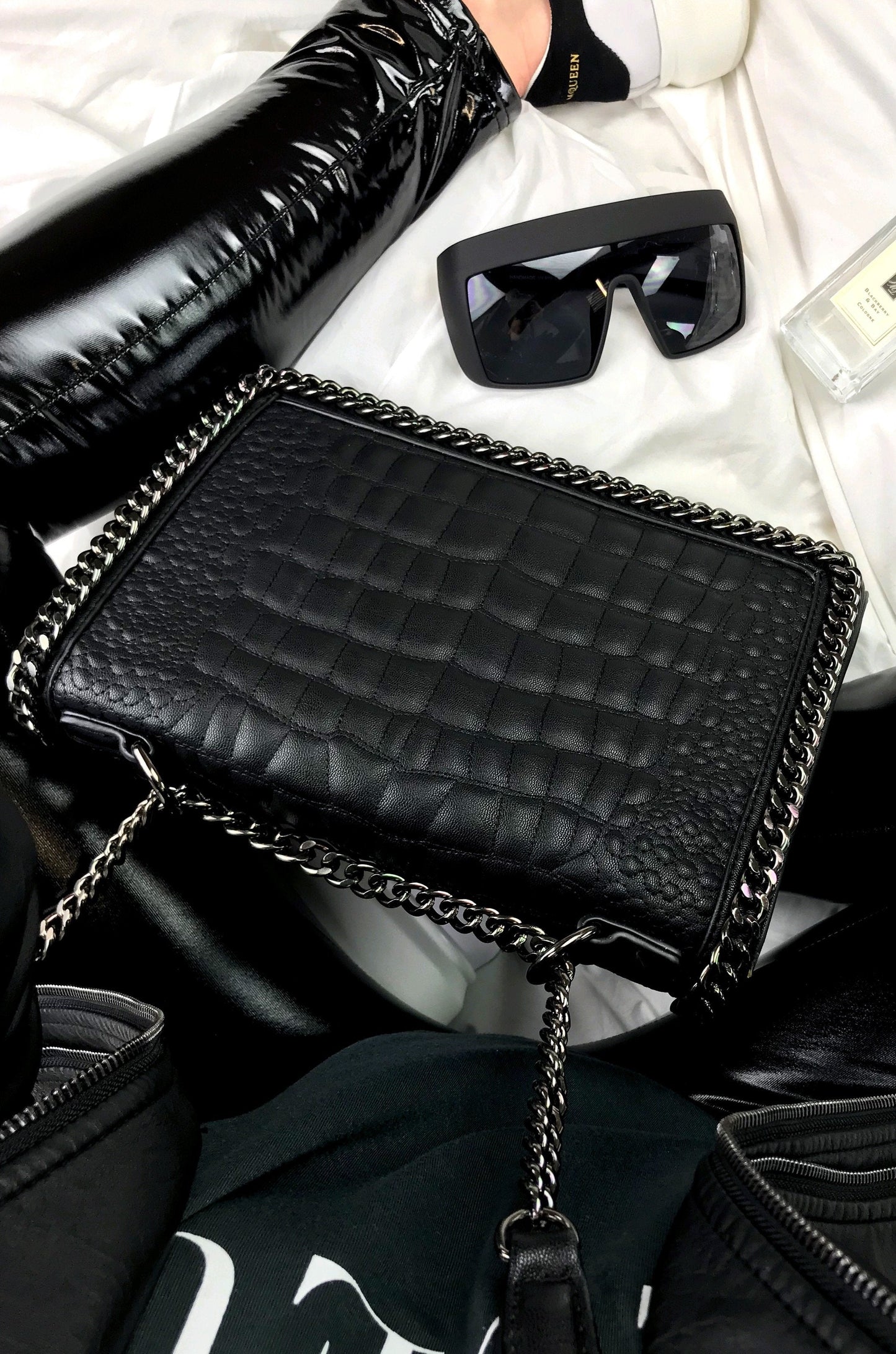 Aurora Black Crocodile Cross Body Chain Bag