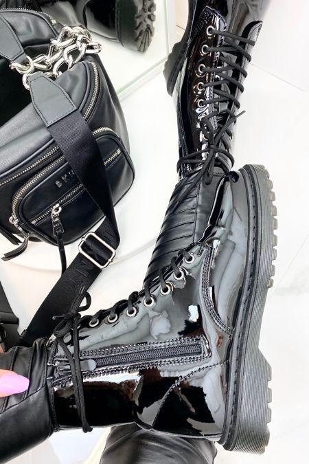 Ayla Black Patent Chunky Sole Ankle Boots