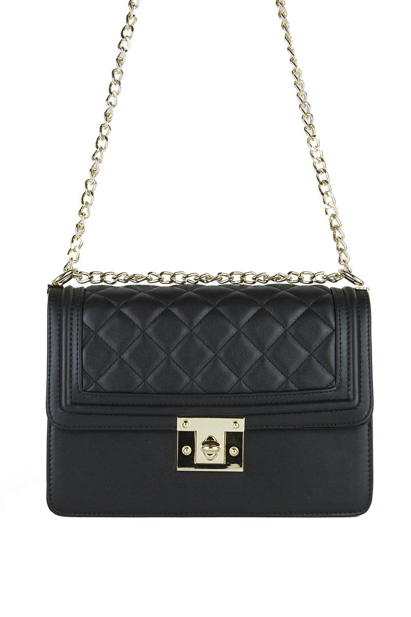 Bella Black Quilted Chain Shoulder Bag With Gold Detail
