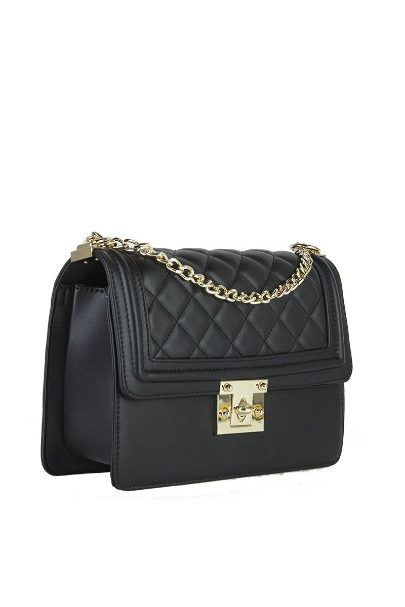 Bella Black Quilted Chain Shoulder Bag With Gold Detail