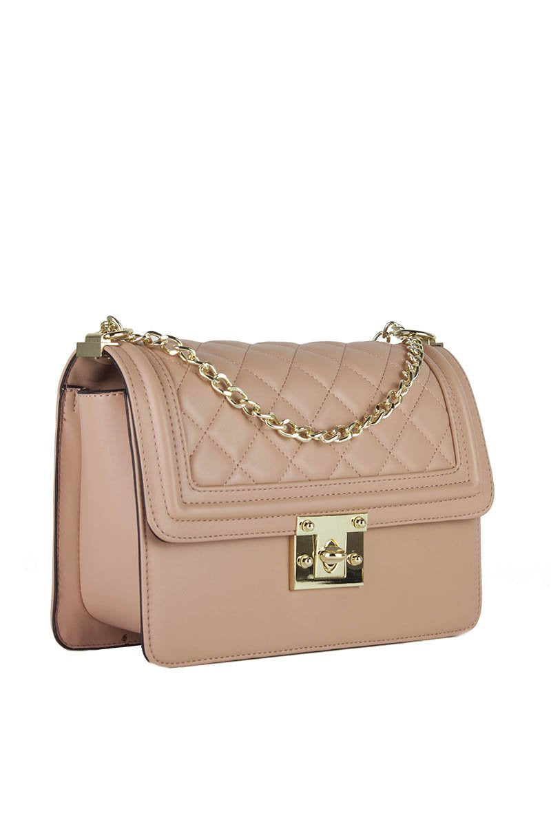 Bella Pink Quilted Chain Shoulder Bag With Gold Detail