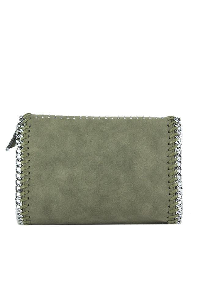 Ella Khaki Faux Suede Chain Clutch Shoulder Bag