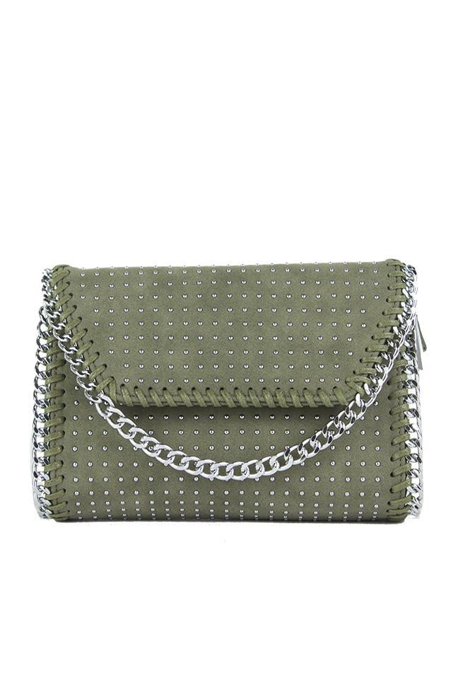 Ella Khaki Faux Suede Chain Clutch Shoulder Bag