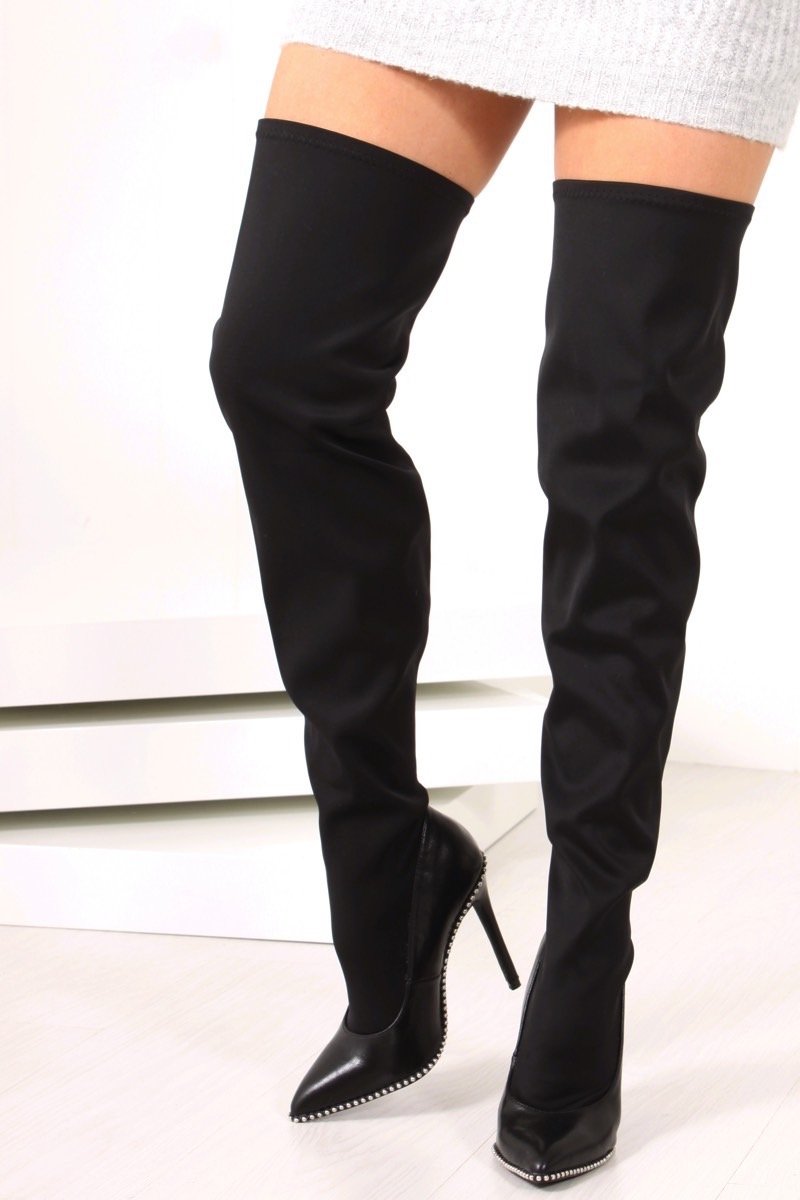 Kasey Black Silver Stud Faux Leather Two Tone Over The Knee Boots