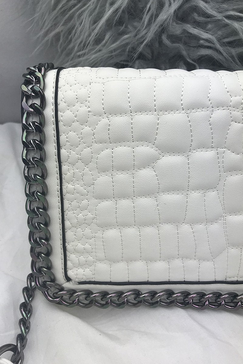 Kylie White Faux Leather Crocodile Chain Bag