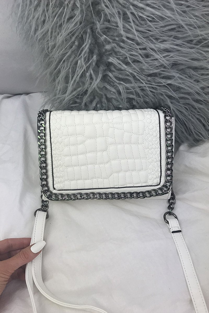 Kylie White Faux Leather Crocodile Chain Bag