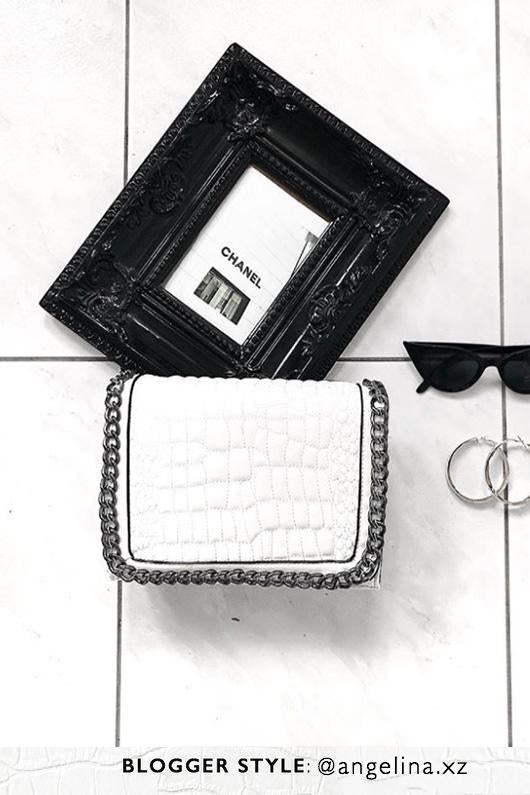 Kylie White Faux Leather Crocodile Chain Bag