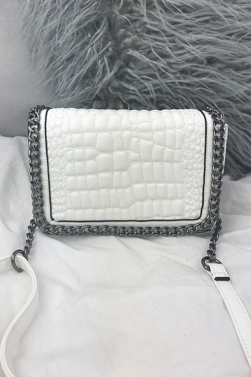Kylie White Faux Leather Crocodile Chain Bag