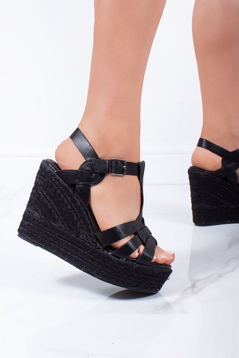 Lauren Black Cross Strap T-Bar Black Espadrille Wedges