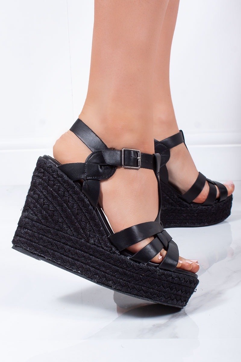 Lauren Black Cross Strap T-Bar Black Espadrille Wedges