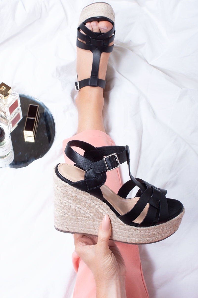 Lauren Black Cross Strap T-Bar Espadrille Wedges
