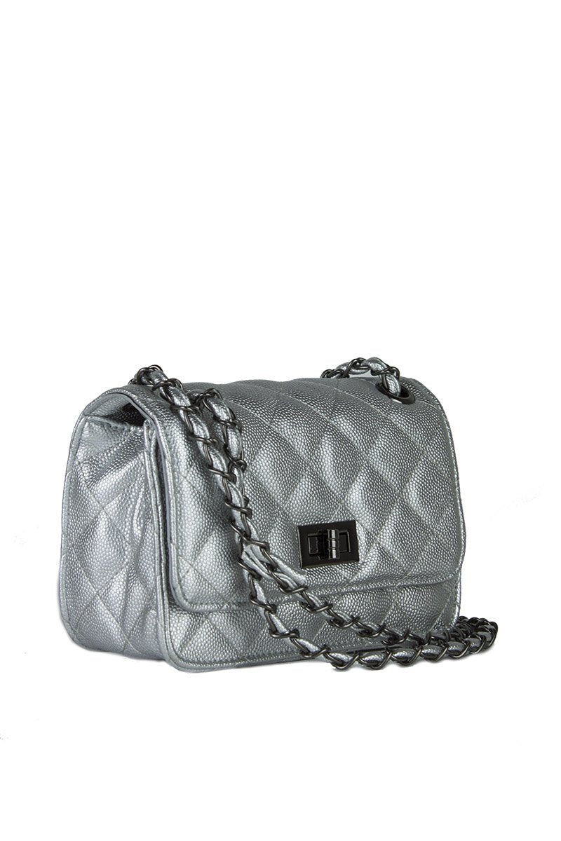 Leah Silver Quilted Bag With Chain Detail