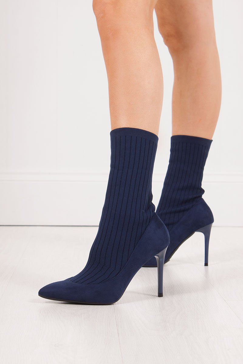 Missy Navy Ribbed Knitted Sock Boots With Stiletto Heel