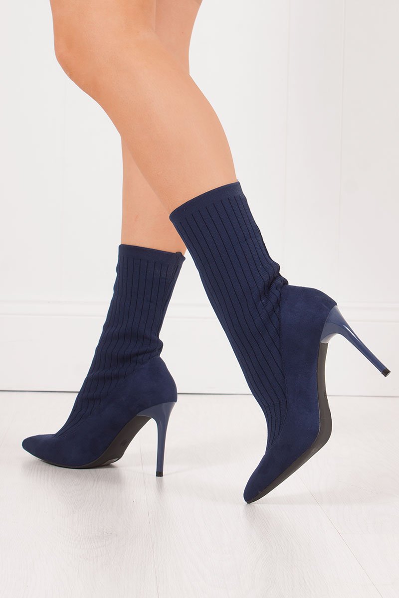 Missy Navy Ribbed Knitted Sock Boots With Stiletto Heel