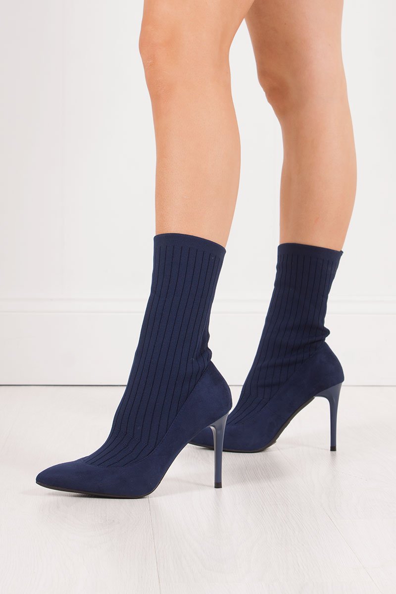 Missy Navy Ribbed Knitted Sock Boots With Stiletto Heel
