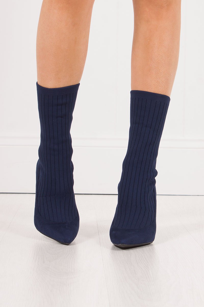Missy Navy Ribbed Knitted Sock Boots With Stiletto Heel