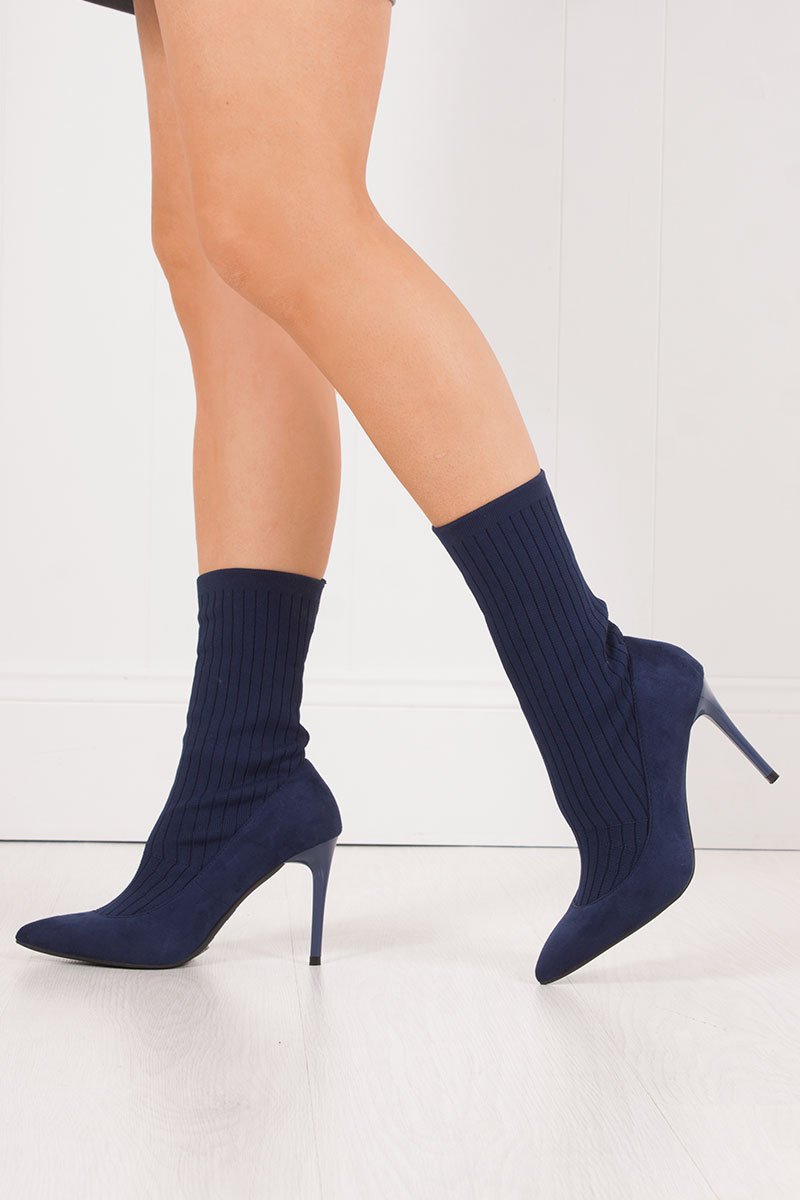 Missy Navy Ribbed Knitted Sock Boots With Stiletto Heel