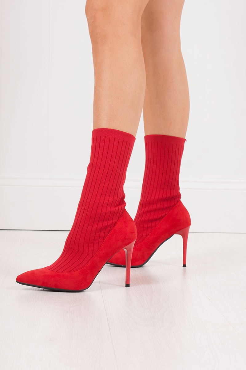 Missy Red Ribbed Knitted Sock Boots With Stiletto Heel