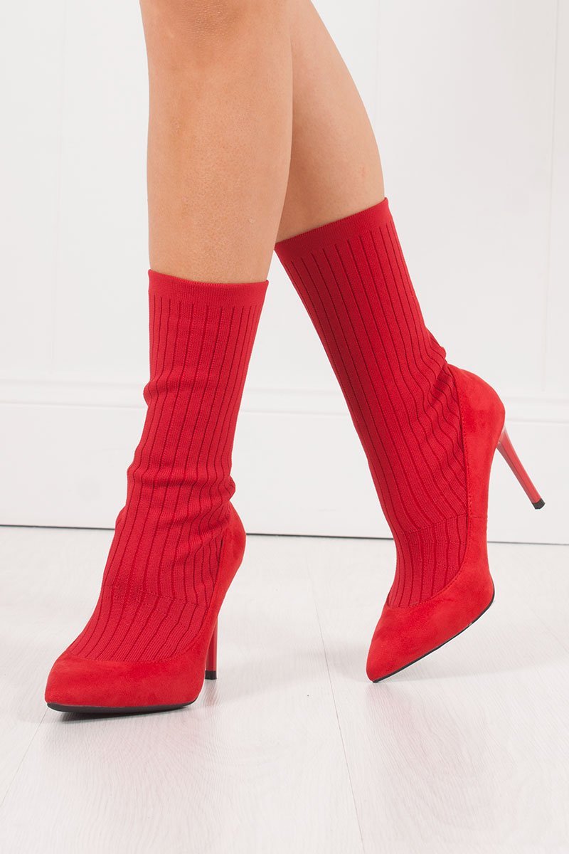 Missy Red Ribbed Knitted Sock Boots With Stiletto Heel