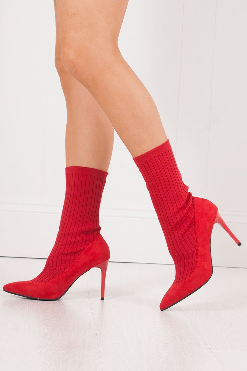 Missy Red Ribbed Knitted Sock Boots With Stiletto Heel
