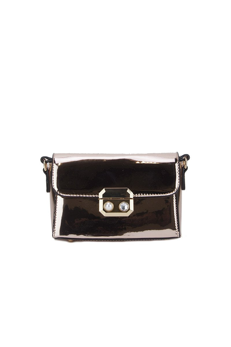 Missy Rose Gold Metallic Shoulder Bag With Pearl Detail