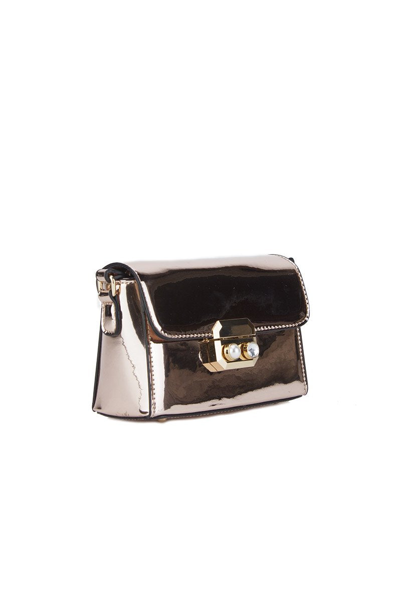 Missy Rose Gold Metallic Shoulder Bag With Pearl Detail