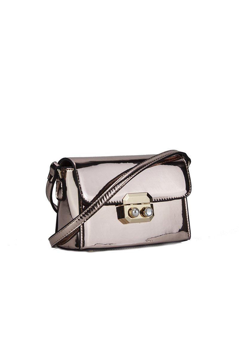 Missy Rose Gold Metallic Shoulder Bag With Pearl Detail