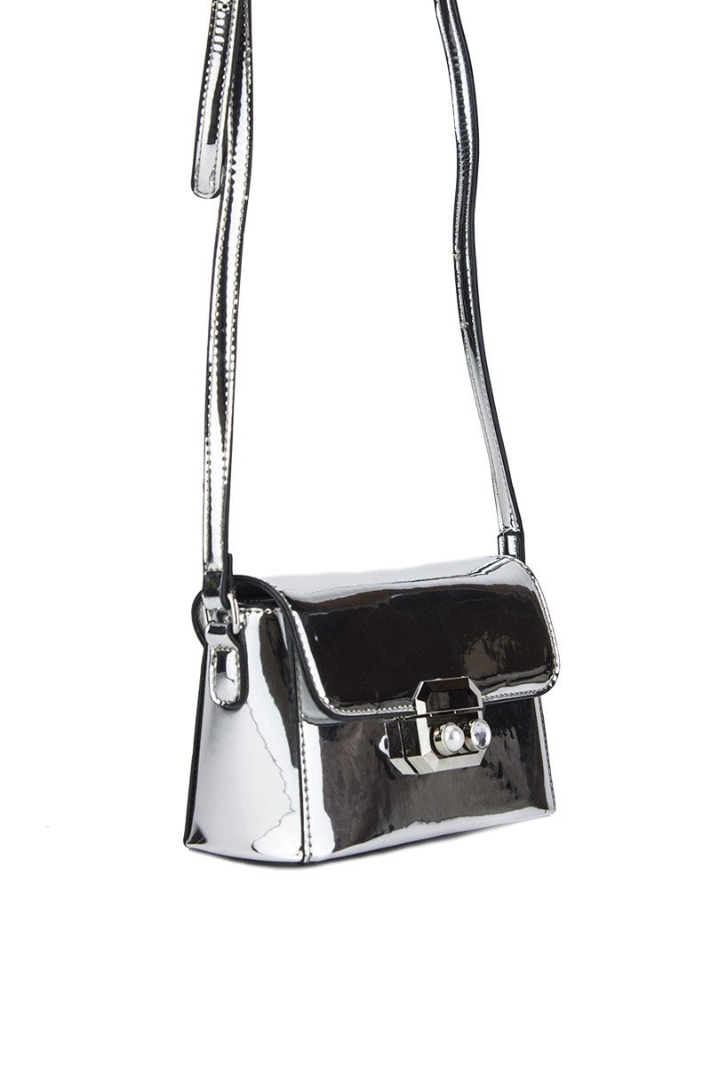 Missy Silver Metallic Shoulder Bag With Pearl Detail