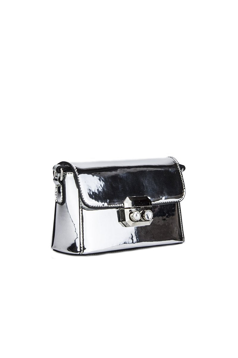 Missy Silver Metallic Shoulder Bag With Pearl Detail
