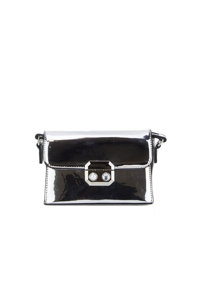 Missy Silver Metallic Shoulder Bag With Pearl Detail