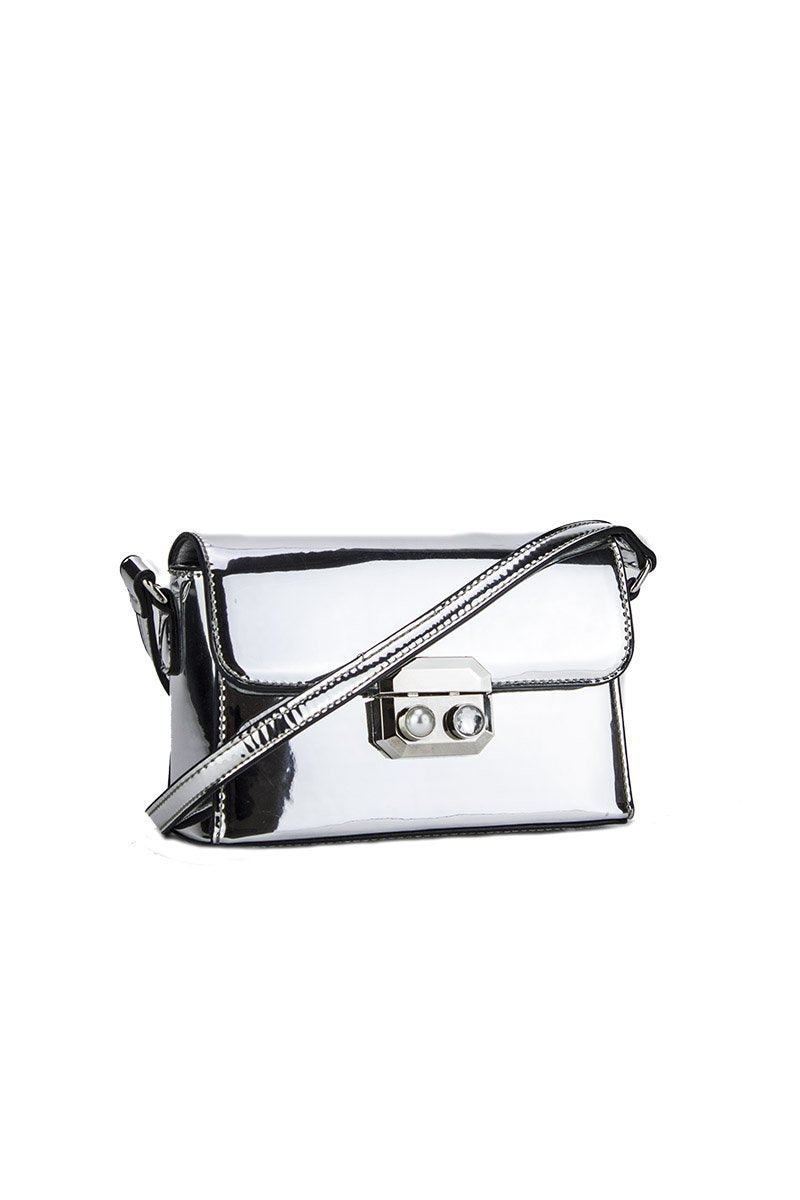 Missy Silver Metallic Shoulder Bag With Pearl Detail