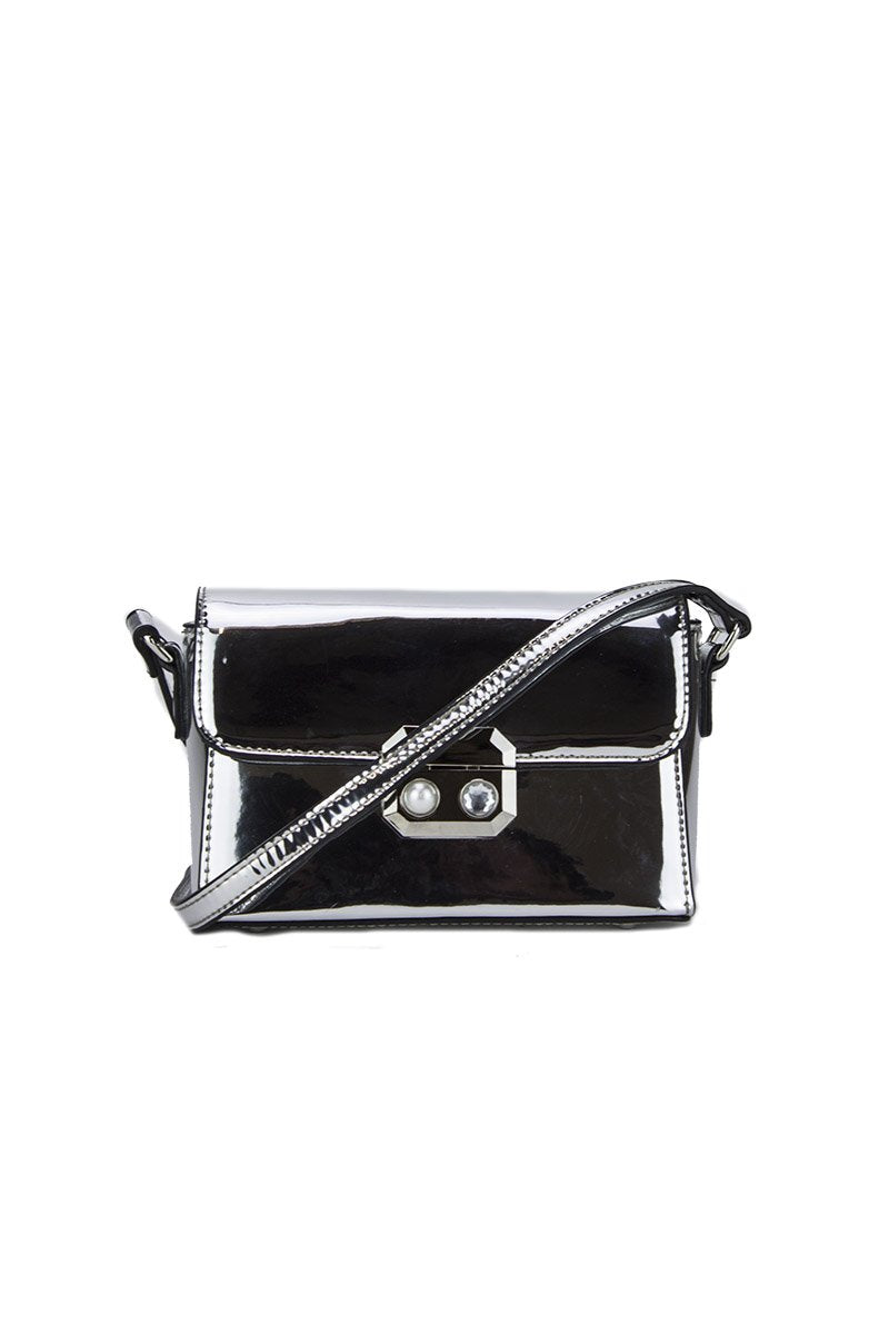 Missy Silver Metallic Shoulder Bag With Pearl Detail