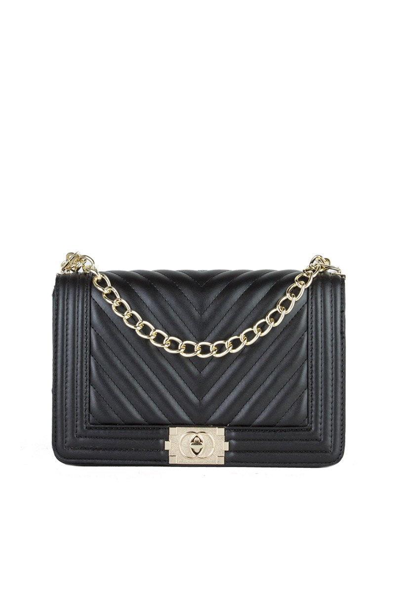 Molly Black Quilted Chain Shoulder Bag With Gold Detail