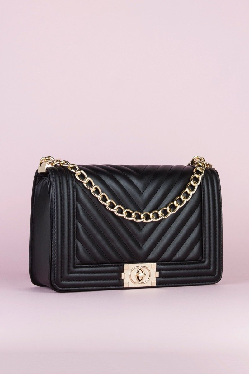 Molly Black Quilted Chain Shoulder Bag With Gold Detail