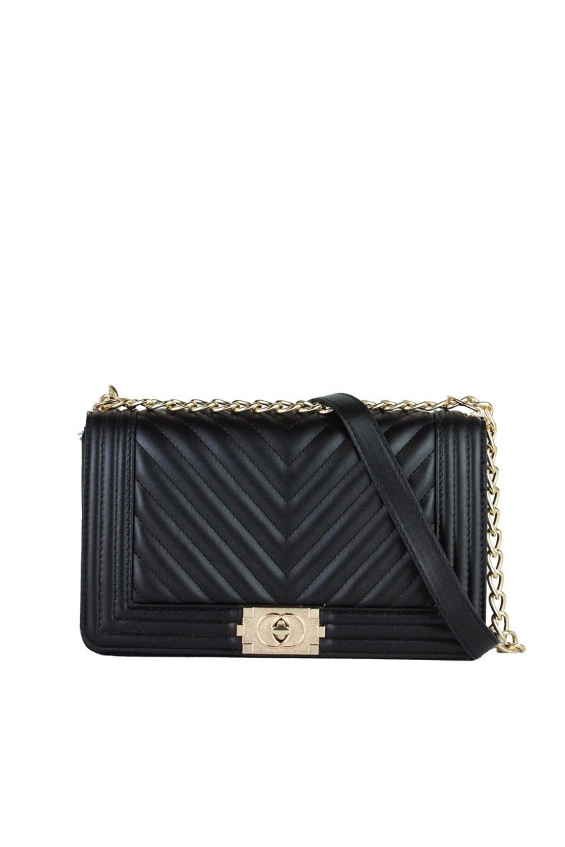 Molly Black Quilted Chain Shoulder Bag With Gold Detail
