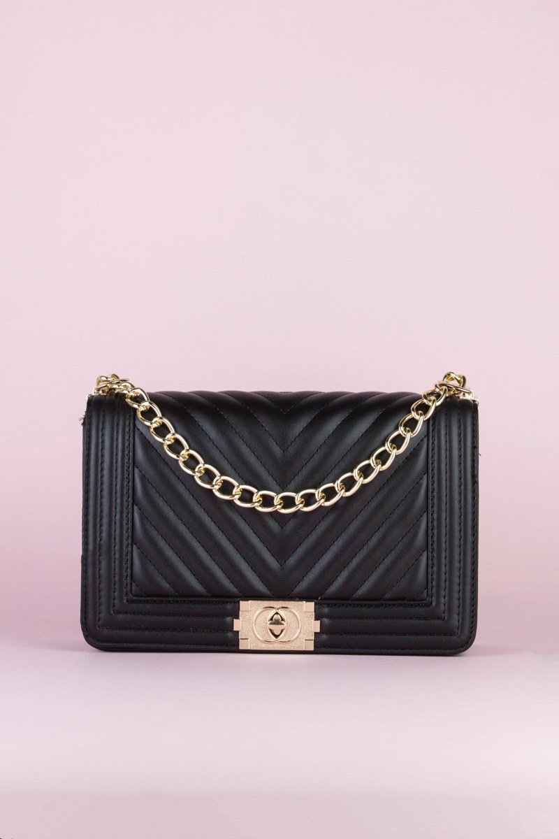 Molly Black Quilted Chain Shoulder Bag With Gold Detail