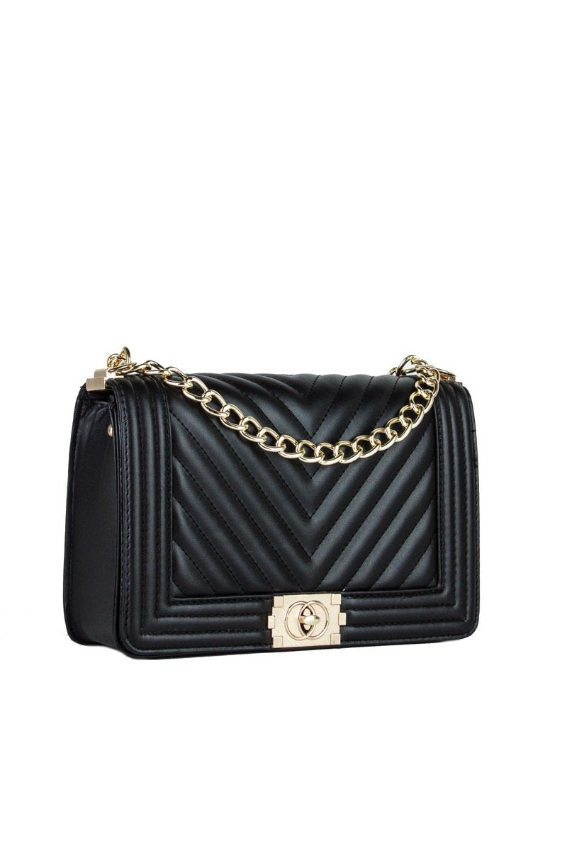 Molly Black Quilted Chain Shoulder Bag With Gold Detail