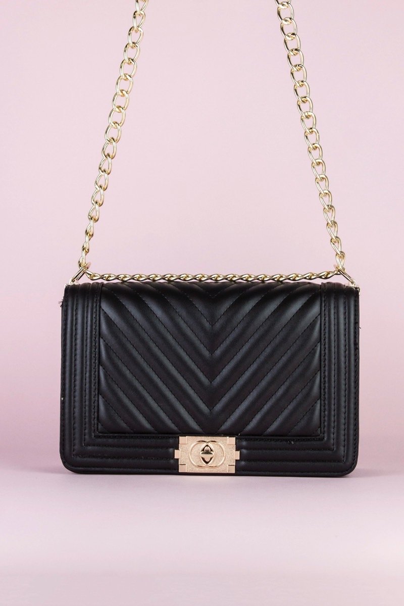 Molly Black Quilted Chain Shoulder Bag With Gold Detail