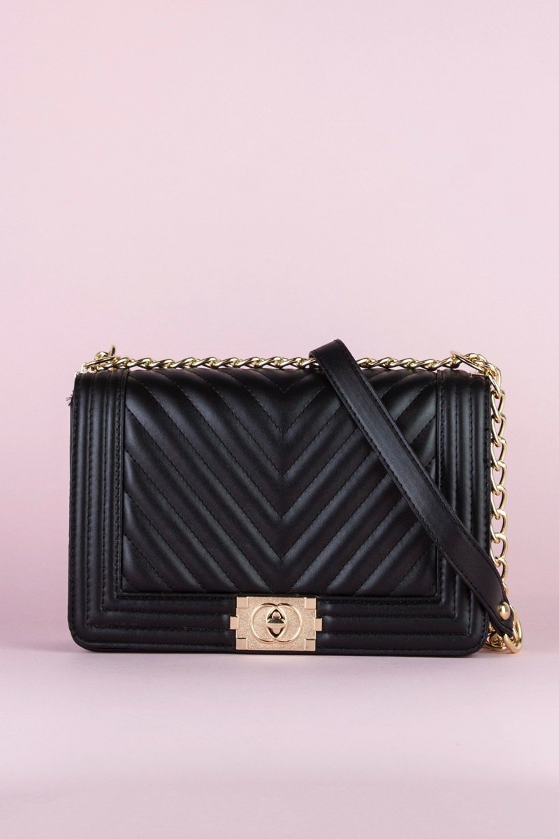 Molly Black Quilted Chain Shoulder Bag With Gold Detail