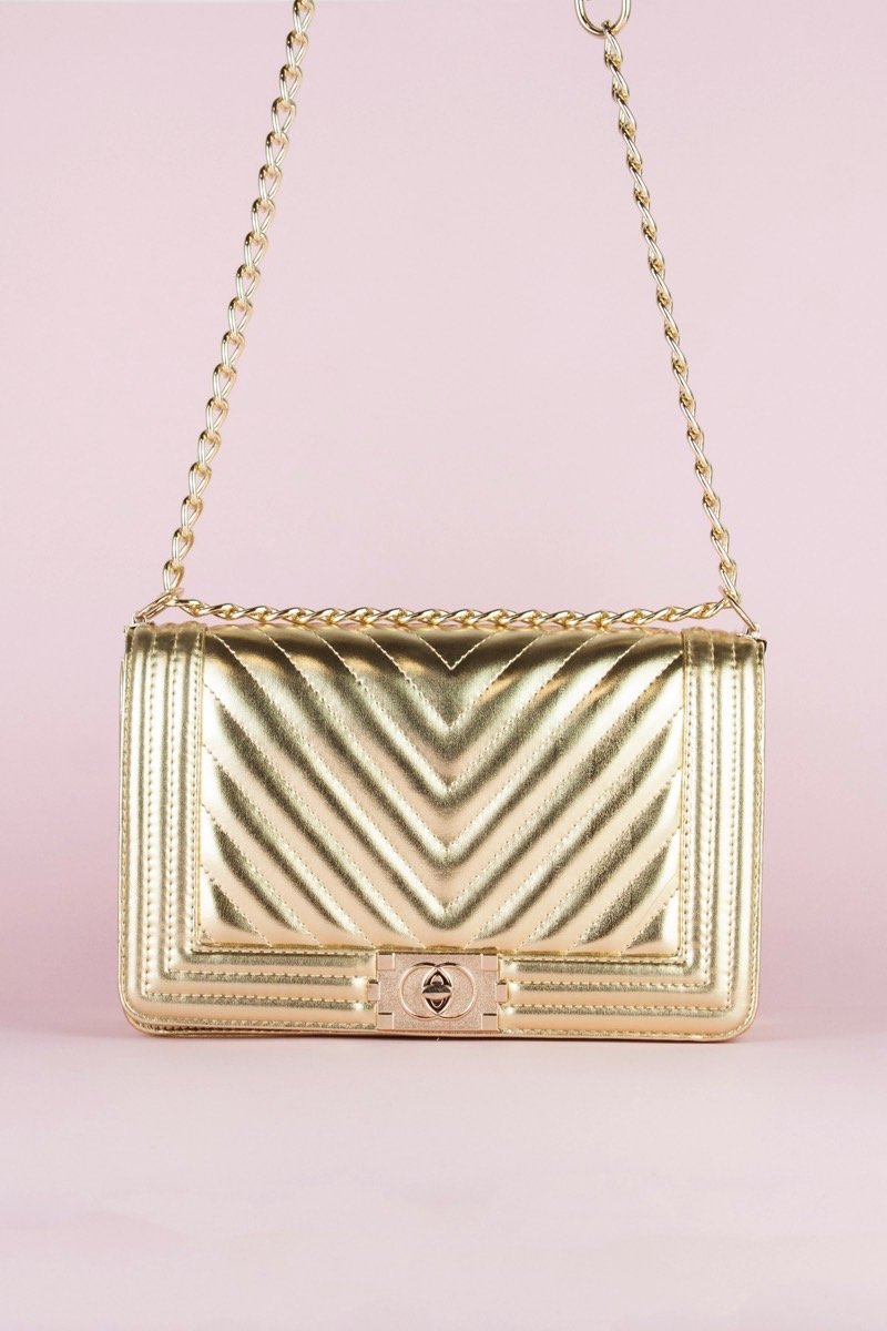 Molly Gold Quilted Chain Shoulder Bag With Gold Detail