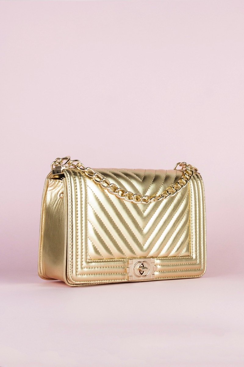 Molly Gold Quilted Chain Shoulder Bag With Gold Detail