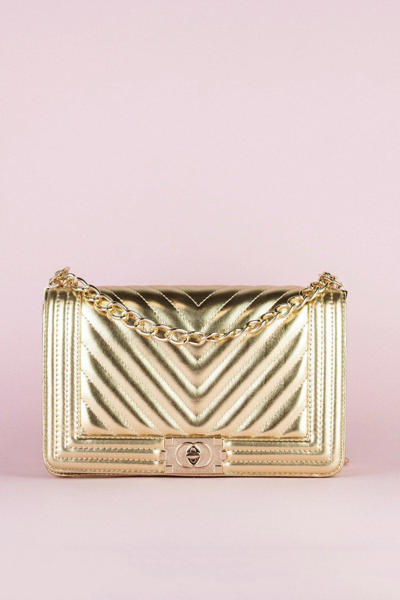 Molly Gold Quilted Chain Shoulder Bag With Gold Detail