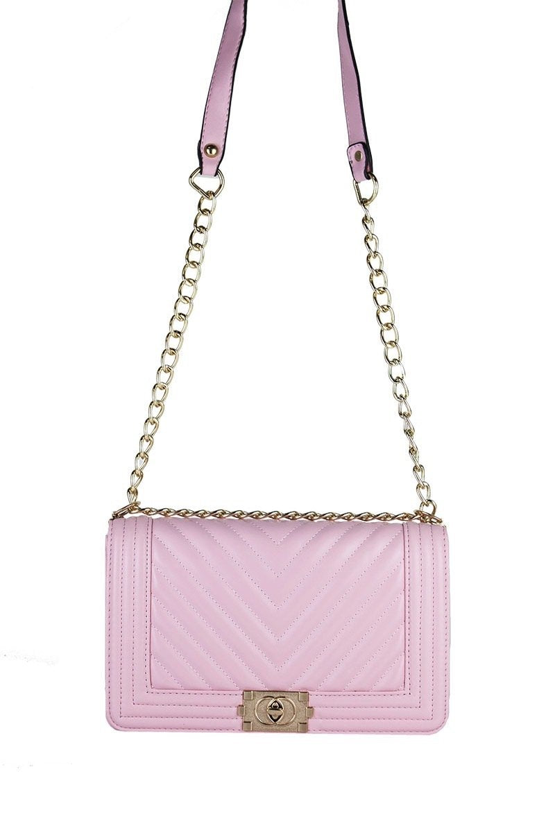 Molly Pink Quilted Chain Shoulder Bag With Gold Detail