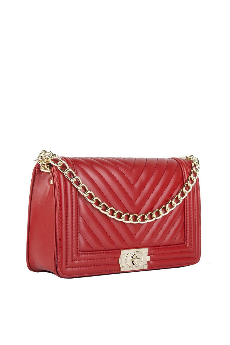 Molly Red Quilted Chain Shoulder Bag With Gold Detail