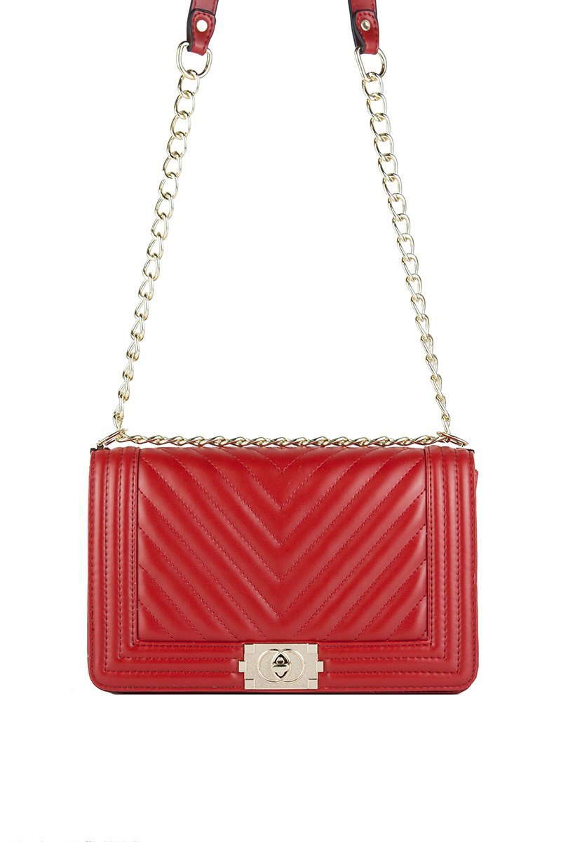 Molly Red Quilted Chain Shoulder Bag With Gold Detail