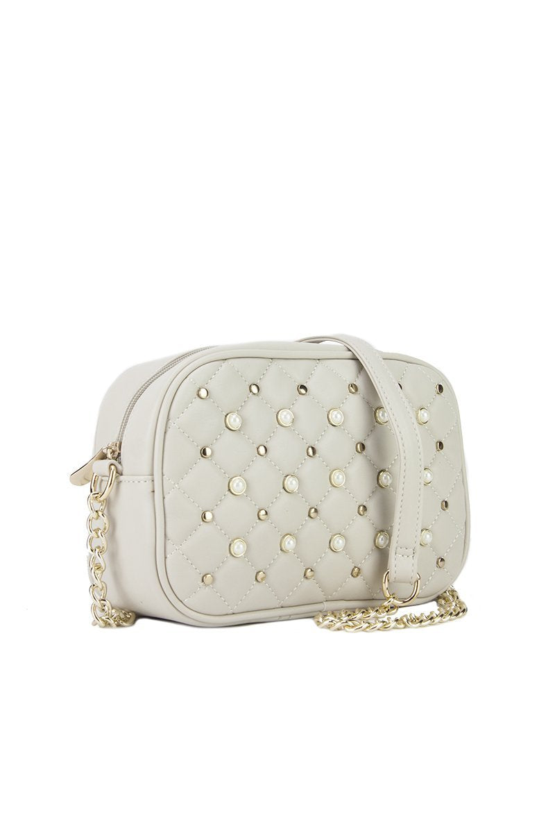 Pearl Beige Quilted Stud Shoulder Bag