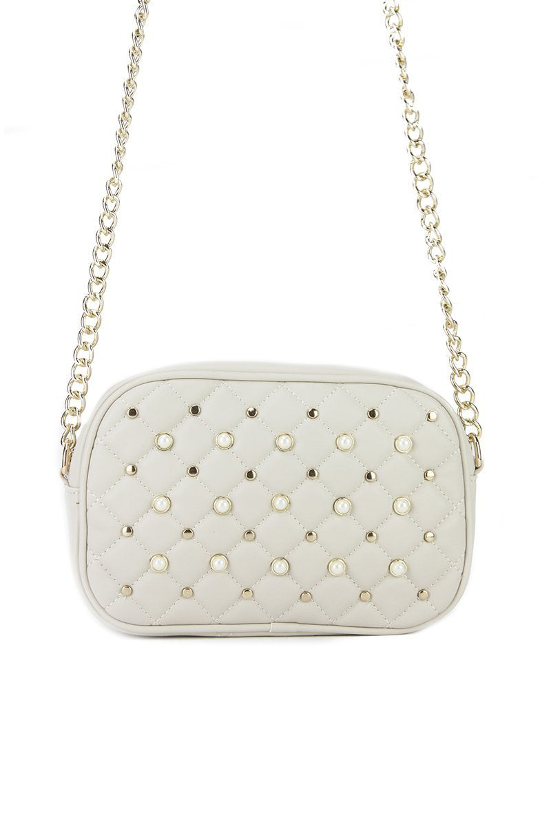 Pearl Beige Quilted Stud Shoulder Bag