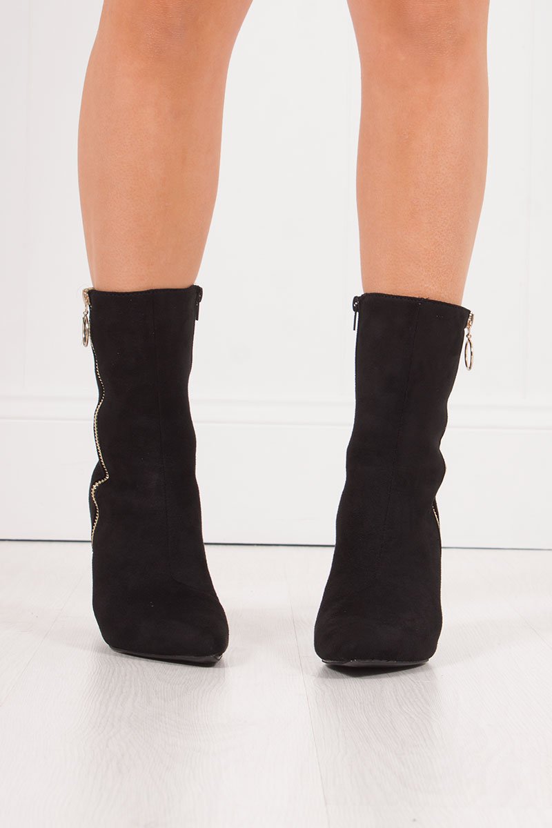 Rita Black Faux Suede Gold Zip Block Heel Boots