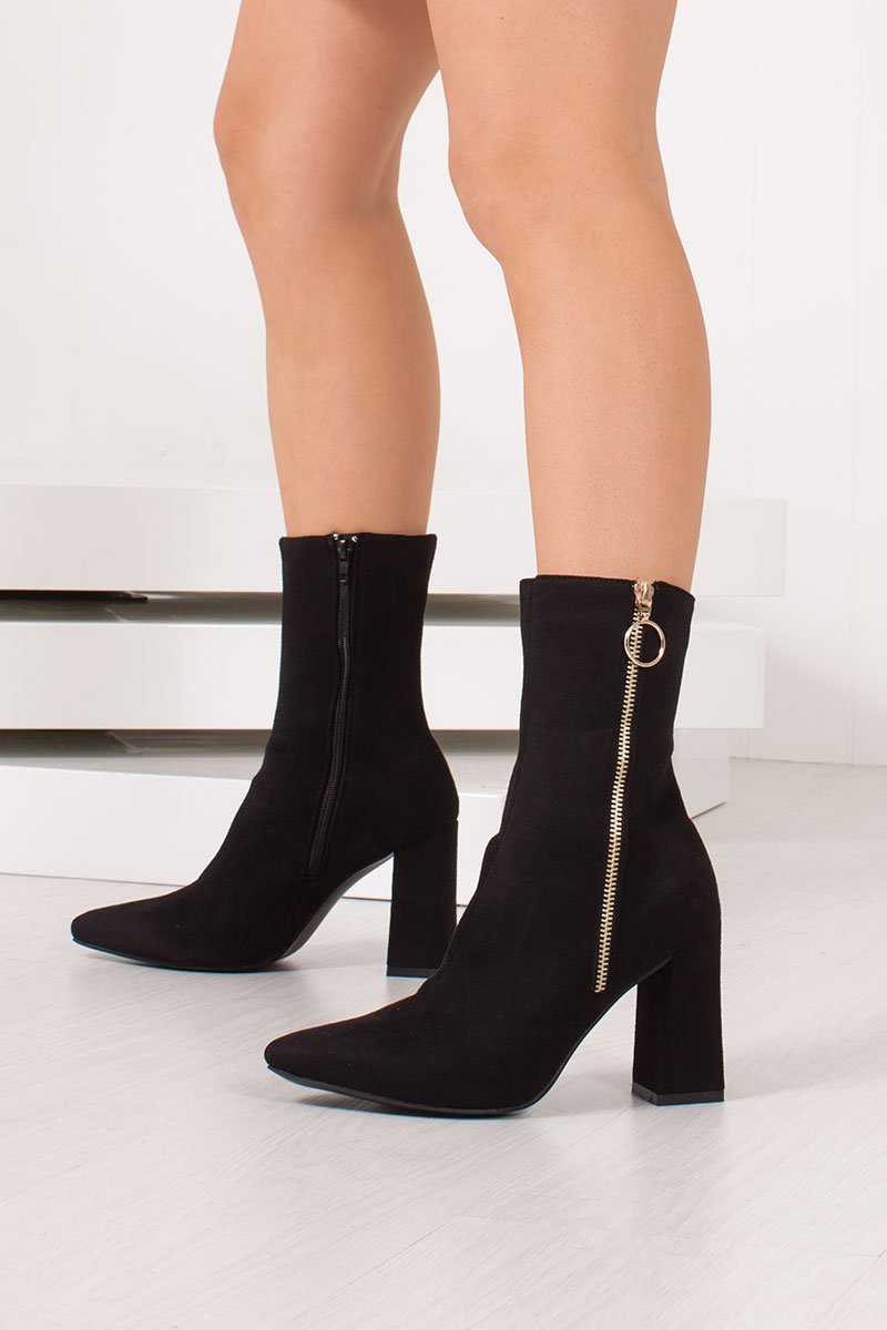 Rita Black Faux Suede Gold Zip Block Heel Boots